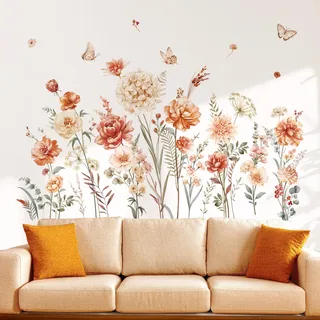 decalmile Wandsticker Blumen Boho Wandtattoo Pflanzen Blumenwiese