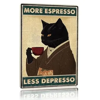 Metallschild, Vintage-Stil, schwarze Katze, Kaffee, Poster, Poster, "More Espresso Less Depresso", 20,3 x 30,5 cm