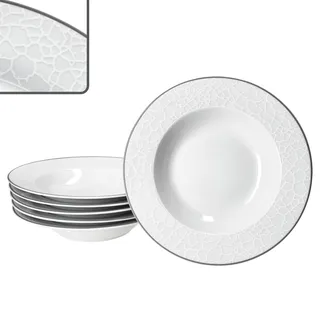 MamboCat 6er Set Venedig Suppenteller I 150ml, Ø21,5cm I weißes elegantes Porzellan Geschirr I 6 Personen I tiefe Teller mit Relief in Kieselstein-Optik für Salat, Suppe, Müsli, Pasta I Bowl