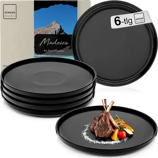 SÄNGER Madeira | Teller Set 6 Personen, Steingut Geschirr Set 6 teilig, Speiseteller Essteller Dinner Set kratzfest, Plates Set spülmaschinenfest, Steingut Speise Teller Schwarz matt |VALUE COLLECTION