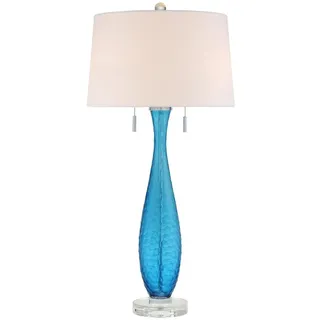 QUOIZEL LED Tischleuchte, Dimmfunktion, LED wechselbar, warmweiß, Groß-e besondere Jugendstil mit Glas-fuß Stoff Lampenschirm, Höhe 85cm blau