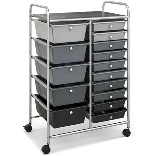 Costway Rollwagen mit 15 stapelbaren Schubladen, Schubladen-Rollwagen, Rollcontainer mit Metallrahmen und Regal