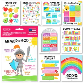 Hadley Designs Sonntagsschule Dekorationen für Klassenzimmer – 9 Bibelposter für Kinder, 27,9 x 35,6 cm Bücher der Bibel, Poster, 10 Gebote, Früchte des Geistes und mehr – Regenbogen-christliches