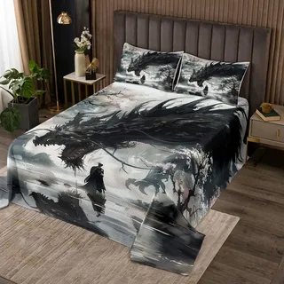 Homemissing Drache Japanische Tagesdecke 240x260cm für Kinder Mädchen Jungs Doppelbett Gesteppt Anime Drache Motiv Bettüberwurf Japanischer Stil Steppdecke Wohndecke