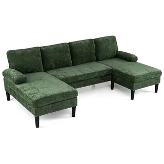 COSTWAY Ecksofa mit Schlaffunktion, U-förmige Couch für 5-6 Sitzer, Sofa aus Cordstoff, Schlafcouch mit Armlehnen, Wohnlandschaft, Schlafsofa, Grün - Grün
