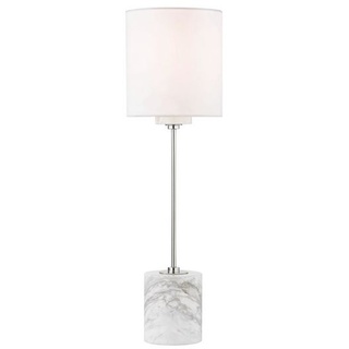 Casa Padrino Luxus Tischleuchte Silber / Weiß Ø 15,9 x H. 55,9 cm - Moderne runde Tischlampe mit Lampenschirm aus Kunstseide und Marmorsockel