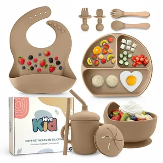 Baby Silikon Geschirr Set, Kindergeschirr Set mit BabyTeller mit Saugnapf, Geschirrset Baby für Beikost & selbstständiges Essen, besteckset ab 6 monate, Essen zubehör & BLW Zubehör ohne BPA
