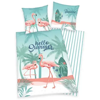 Wende Bettwäsche Set mit Flamingo 135 x 200 + 80 x 80 cm - Türkis/Weiß