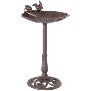 Moritz Vogeltränke Gusseisen 82,5 cm freistehend mit Standfuß antik braun Schale mit zwei Vögeln Vogelbad für Garten Terrasse wetterfest XL