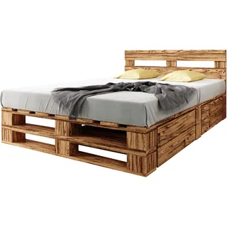 Lermowood Palettenbett M2 aus Holz 200 x 200 cm Geflammt mit Kopfteil und 2 Bettkästen Holzbett 40cm Stabiles Seniorenbett Kinderbett Jugendbett Gästebett erhöhtes Bettgestell Komforthöhe Naturholz