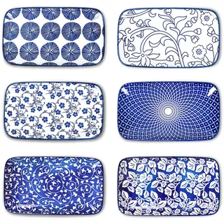 Selamica Servierplatte, Rechteckige Speiseteller, Dessertteller, Kleine Teller Set 6 Personen für Vorspeise, Snacks, Sushi, Obst, 18.3 × 10.9 cm × 2 cm, Vintage Blau