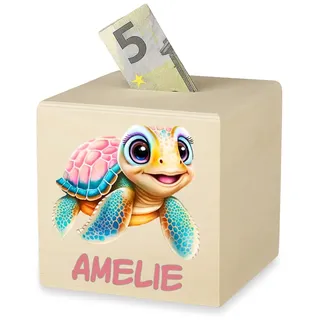 Holz Spardose für Mädchen mit Namen - 10x10 cm Personalisierbare Sparbüchse für Kinder mit Motiv Geburtstag, Taufe oder Schulanfang - für Münzen und Scheine