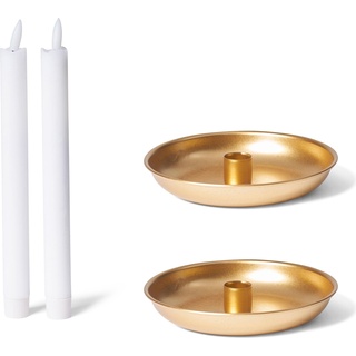Novaliv, Kerzenständer, 2er-Set Stabkerzenhalter Adventskranz rund Tafelkerzen GOLD mit LED Premium Echtwachs