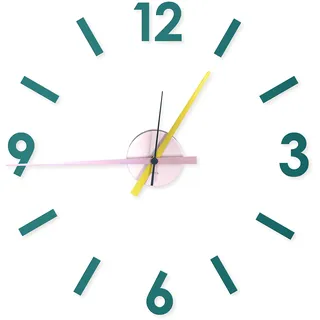 FISURA 3D-Wanduhr zum Selbermachen, Blau, Rosa, Gelb, groß, selbstklebend, kein Ticken, Metall und ABS, Nadeln 9 x 31 und Zahlen 8,5 cm