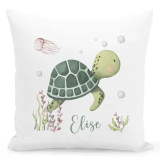 Schildkröten Kissen personalisiert mit Namen Kinder Kuschelkissen Kinderkissen Kinderzimmer Deko Tier für Mädchen Jungen Zierkissen Dekokissen 40x40 cm inkl. Füllung und Bezug