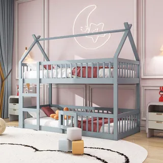 KUAKE Etagenbett 90x200, Kinderbett Hochbett für 2 Kinder, Hausbett mit Treppe und Tür, Kinderhochbett mit Rausfallschutz und Lattenrost, Bettgestell Stockbett Familienbett Loft Bett(Grau, 90×200cm)