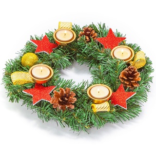 Adventskranz künstlich I Kranz fertig dekoriert für Weihnachten I inklusive 4 Teelichter I 30 cm