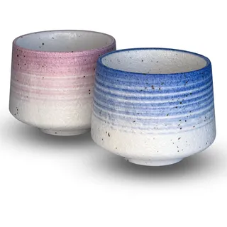 shizuro Tassen Set japanisch - 2 Stück a 190 ml - hochwertige Keramiktasse für Kaffee, Cappuccino und Tee - nachhaltige asiatische vintage Teetasse - Retro modernes Design (Rosa Blau)