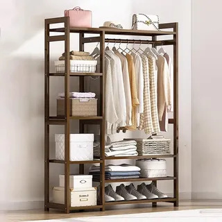angrounps Garderobenständer aus Bambus, Offener Kleiderständer mit 13 Ablagen und 2 Kleiderstange,3 in 1 Freistehende Garderobe für Wohnzimmer Flur 170x30x150cm