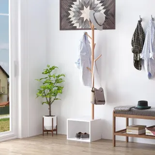 Sweiko Garderobenständer Kleiderhaken Garderobe mit Sitzbank Stauraum Baum-Design Zweige 6 Haken Bambus Weiß Natur 40 x 30 x 180 cm - Weiß