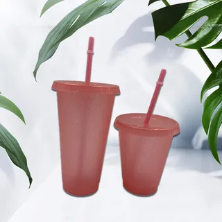 CUSROS 400 / 500ml Stroh-Trinkbecher, Plastikbecher Mit Großer Kapazität, Weithalsdeckel Plastik-Flash-Pulver Glänzende Plastikbecher Mit Deckel Und Strohwasserflasche Für Die Schule rot L.