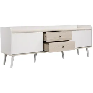 OKWISH TV-Schrank Holz Weiß 160x40x58 cm mit Schubladen Schiebetüren Massivholzbeine E1-Spanplatte Wohnzimmer Sideboard Modern Elegant