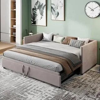 Tagesbett 90x200 Ausziehbar auf 180x200 cm Schlafsofa in Grau, Modernes Polsterbett mit Lattenrost, Samt Gästebett Funktionsbett Jugendbett