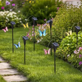 Solar Schmetterling Stecker fliegend Rotation Flugsimulation Motorantrieb Erdspieß Garten Deko, Kunststoff, Schalter, H 60 cm, 6er Set