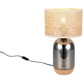 TRIO Leuchten LED Nachttischlampe, Dimmfunktion, LED wechselbar, Warmweiß, große ausgefallene mit Glasfuß und Lampenschirm aus Rattan, Höhe 43cm beige|silberfarben Ø 25 cm | 43 cm