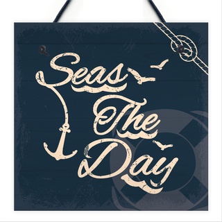 RED OCEAN Seas The Day Wandschild mit nautischem Meer, Küste, Badezimmer, WC, zum Aufhängen, Vintage-Dekoration