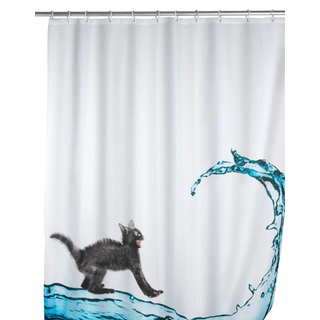 WENKO Anti-Schimmel Duschvorhang Cat, Textil-Vorhang mit Antischimmel Effekt fürs Badezimmer, waschbar, wasserabweisend, mit Ringen zur Befestigung an der Duschstange, 180 x 200 cm