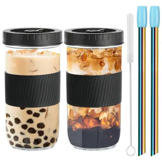 2 Stück Bubble Tee Tassen, 680ml/24oz mit Deckel & Strohhalm, Auslaufsichere Reisebecher für Boba, Eistee & Kaffee, Trinkgläser, Einmachglas, Schnabeltasse