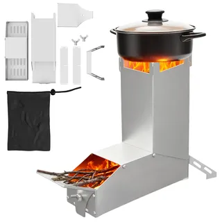 PEILU Stahl Raketenofen Outdoor Holzofen mit Abnehmbarem Oben Montiertem Quergestell, Holzkocher für Trockentöpfen Campinggrills Suppentöpfen, Tragbare Campingkocher für Strand Garten (Silber)