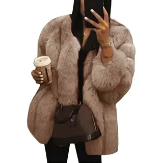 Onsoyours Damen Mantel Faux Fake V-Ausschnitt Langarm Dicker Oversize Winter Kunstfell Pelzmantel Felljacke Damen Winterjacke Plüsch Warm Wintermantel (S, A Khaki) - S