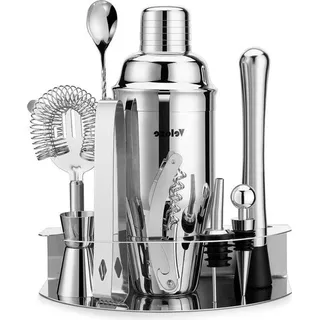 Famanu Cocktailset 10-teilig - 850 ml - Edelstahl - Cocktailshaker - Doppel-Jigger - Bar-Löffel - Ausgießer - Silberne Accessoires