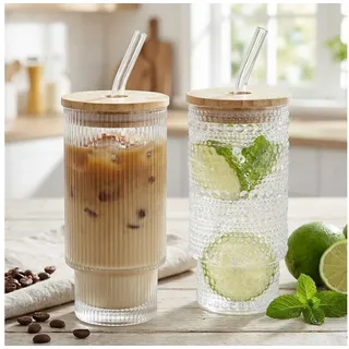 Levandeo® Glas, 2er Set Trinkglas Deckel Strohhalm 250ml Bambusdeckel Trinkbecher