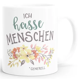 MoonWorks Kaffee-Tasse Ich hasse Menschen Spruch Blumen Blumenranke Blüten bluming Weiss unisize