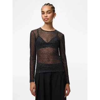 Langarmshirt PIECES "PCNINNI LS MESH TOP NOOS BC", Damen, Gr. XL, schwarz (schwarz aop:leo), Web, Obermaterial: 95% Polyester, 5% Elasthan, bedruckt, durchscheinend, gemustert, mehrfarbig, transparent, regular fit normal, Rundhals, Shirts Langarmshirt, Materialmix, regular fit