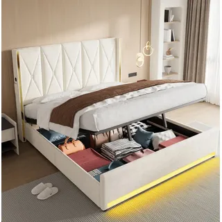 MODFU Polsterbett mit Stauraum unter dem Bett, Stauraumbett (Jugendbett mit LED Beleuchtung und USB Anschluss 180x200 cm, Bett mit Kopfteil und Seitentaschen, Funktionsbett), ohne Matratze beige