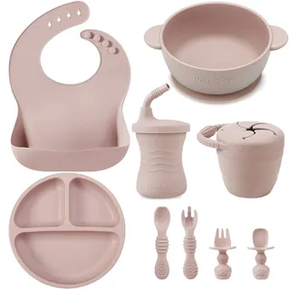 PandaEar Silikon Baby Geschirrset | 9-teiliges Kinder Geschirrset | Baby Teller mit Saugnapf, Kinder Schüssel Saugnapf, Silikon Baby Lätzchen, Trinklernbecher, Baby Löffel Gabeln (Rosa)