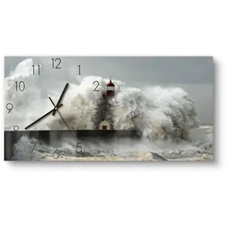 DEQORI Wanduhr 'Leuchtturm bei Sturmflut' (Glas Glasuhr modern Wand Uhr Design Küchenuhr) grau 60 cm x 30 cm
