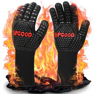 SPGOOD Grillhandschuhe hitzebeständig 800 Grad feuerfeste Handschuhe Kochhandschuhe Backhandschuhe für Küche Grill BBQ Ofenhandschuhe (Schwarz, L/XXL)