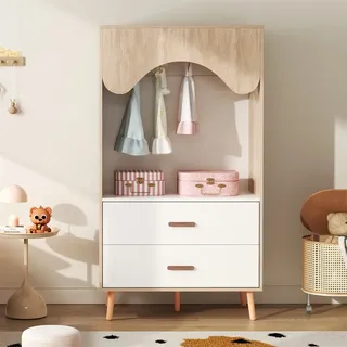 Kinder-kleiderschrank – H 141,5 X B 80 X T 46 Cm – Offener Stil Mit Kleiderstange Und 2 Schubladen, Skandinavisches Design, Massivholz – Weiß Und Natur