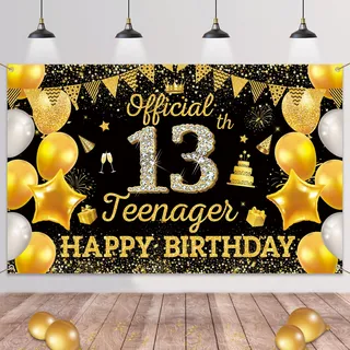 Deko 13. Geburtstag Banner Junge - 31 Stück Offizielle Teenager Geburtstagsdeko Schwarz Gold, Happy Birthday Extra Große Stoff Hintergrund Dekoration für 13 Jahr Party 110 x 180 cm