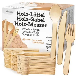 Wisefood Holzbesteck Set, 100 Holzgabeln, 100 Holzmesser, 100 Holzlöffel, 300-teiliges Einwegbesteck Set 16,5cm, Biologisch abbaubares und splitterfreies Partybesteck (2 Sets)