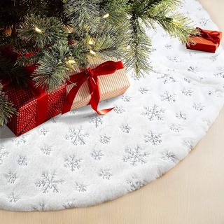 Drezesov Weihnachtsbaumrock Baumdecke Weihnachtsbaum mit 20pc Weihnachtskarte,122CM Weiche Weihnachtsbaumdecke mit Silber Schneeflocke Weißer Kunstpelz Teppich für Weihnachtsfeiertags Dekoration
