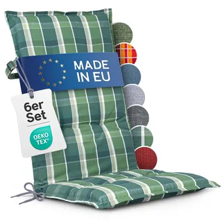 Hochlehner Auflagen 6er Set - 120x50 cm - Gartenstuhlauflagen Sitzauflagen - Oeko-Tex zertifiziert - Hochlehner Polster - Gartenstuhl Stuhlauflagen mit Befestigung - Made in EU - Grün-Kariert