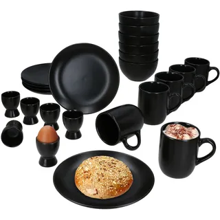MamboCat Panther 24tlg Frühstücksset matt schwarz I Je 6X kleine Teller, Schale 450ml, Kaffeebecher 340ml & Eierbecher für 6 Personen I Steingut-Geschirr für Frühstücks- & Kaffeezeit