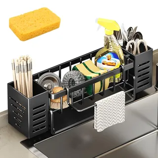 Spülbecken Organizer Schmal - Spüle Organizer mit Spültuchhalter und Aufbewahrungsbox, Sink&Spüle Organiser Schmal mit Automatisch Abflusspfanne, Kostenloser Schwammlappen Küchen-Upgrade (Schwarz)