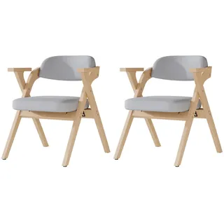 MODFU Klappbare Esszimmerstühle 2er-Set aus Massivholz Grau mit Leinenbezug, Armlehnen, platzsparend
